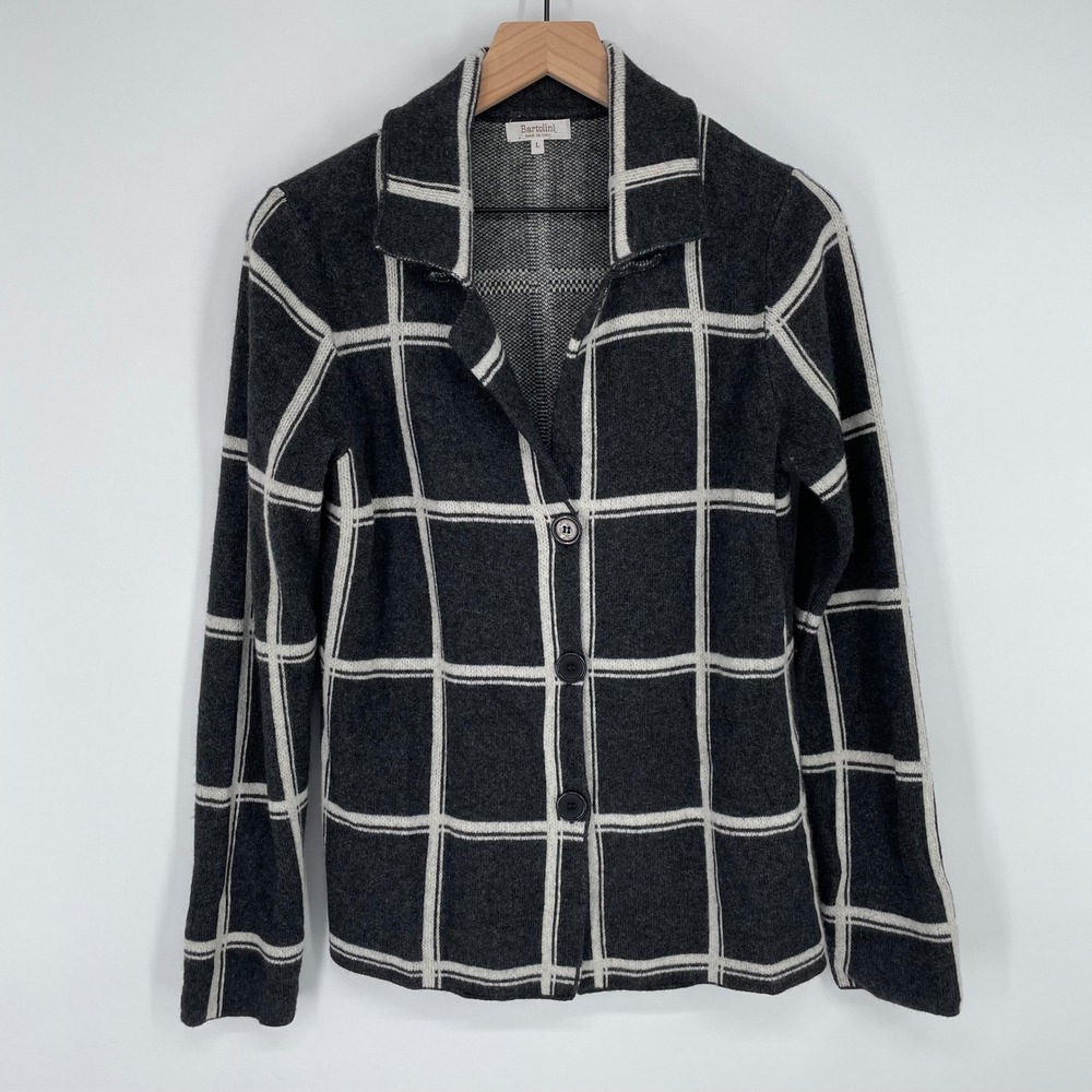 Bartolini Windowpane Cardigan Quiet Luxury Women L Charcoal Gray Wool Cashmere